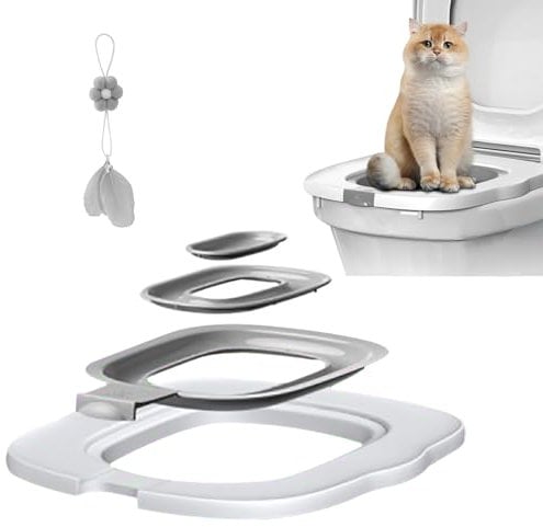 Upgraded Cat Toilet Training Kit,Universal Toilet Training Systems,Reusable Trainer for Pet Cleaning with 1 Replaceable Cat Feather Toy (Gray)