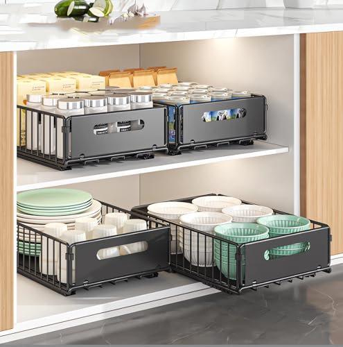 Nicoone Organizador de Gabinete Extraíble, Paquete de 4 cajones extraíbles para armario de cocina, cajones extraibles para cocina, cajón deslizante fijo con película adhesiva