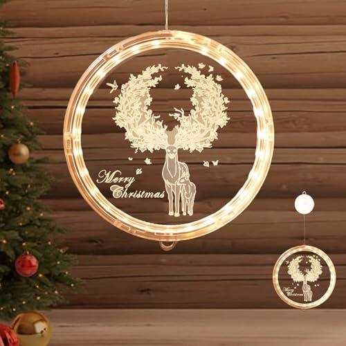 YeahBoom 3D-Weihnachts-Fensterlichter, hängend mit Saugnapf, batteriebetrieben, für Innen- und Außenbereiche, Baum und Dekoration (Hirsch Elch)