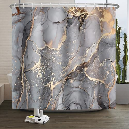 Xiaoterna Marmor Duschvorhang Moderne Abstrakt Grau Golde Marmor Badezimmer Vorhang Grau Goldene Spritzer Textil Wasserdichter Duschvorhang Maschinenwaschbar Wasserdichter Stoff 90x180cm