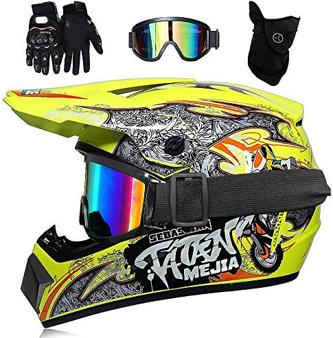 Jeunesse Enfants MTB Casque Motocross, avec Lunettes Gants Masque, Intégral Hors Route Courses Moto MX VTT Scooter Casque, Sports Extrêmes Downhill Enduro Vélo Tout-Terrain Casques(Yellow,L/56-57CM)
