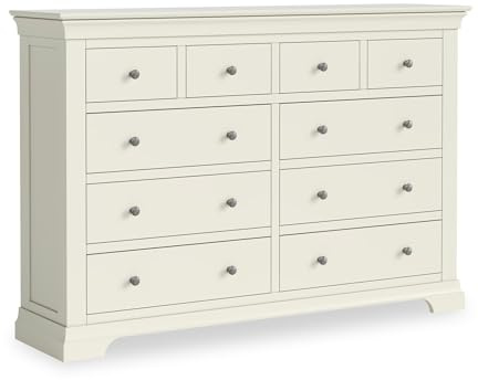RoselandFurniture Colette Cream Large 4 Over 6 Chest of Drawers | Fully Assembled, Wooden Storage Dresser with Plinth Base, Painted Pine, French Style, H105cm W155cm D38cm