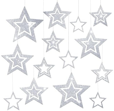 Glitzer Sterne zum Aufhängen Silber,14 Stk Weihnachtsdeko Stern zum Aufhängen,Weihnachtssterne Deko,Weihnachtsanhänger Deko Sterne Weihnachten für Weihnachtsbaum,Deckenhänger,Neujahr Winter Dekoration