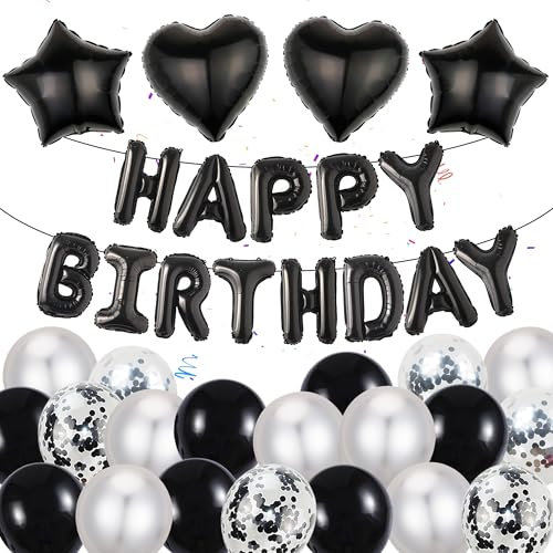 Luftballons Schwarz Silber Geburtstag Dekoration - 37 Stücke Happy Birthday Folienballons Banner Dekorationen Helium Ballon Geburtstagsparty für Männer Frauen Erwachsene Kinder Geburtstags Party Deko