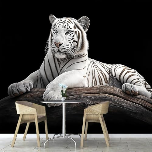 Fototapete Weißer Tiger 3D Effekt 350×256cm,Wandtapete Tierwelt Bildtapete Schlafzimmer Wohnzimmer Wand Dekoration