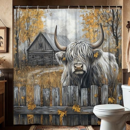 Highland Cow Duschvorhang, rustikales graues und gelbes Bauernhaus-Design für Badezimmer-Dekor, herbstinspiriert, modern, wasserdicht, Stoff-Duschvorhang-Set mit Haken, 183 x 190 cm