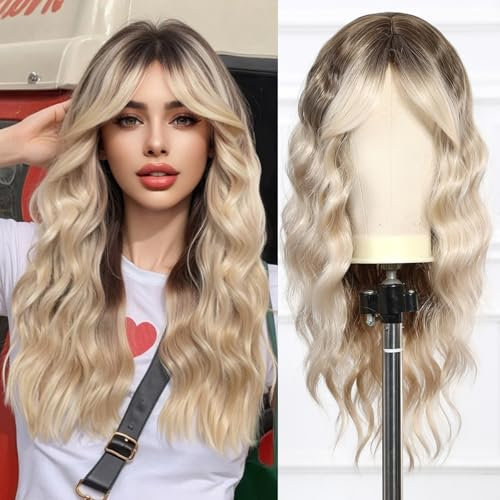 Esmee Lange Welle Blonde Perücke für Frauen mit Vorhang Pony Natürliche Synthetisches Haar Ombre Perücken für den täglichen Gebrauch Party