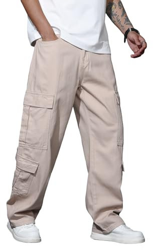 Zewool Hommes Casual Baggy Cargo Denim Pantalons avec Poches Jambes Larges Skater Jeans Y2K Hip Hop Streetwear Pantalon Droit Détendu Coupe décontractée 2000 Skateboard Streetwear,E10 Kaki,M