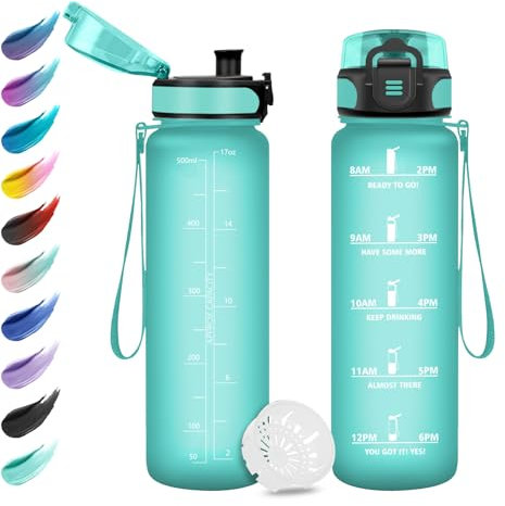Trinkflasche 500ml, Wasserflasche mit Filte, Sport Trinkflaschen Kohlensäure Geeignet, Wasserflasche mit Zeitmarkierungen, Auslaufsicher Wasserflasche für Picknick, Schule, Junge, Mädchen, Büro