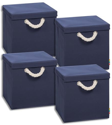 Storanda | 4er Set Aufbewahrungsbox mit Deckel | Kordel Griffband | Stabile & Faltbare Boxen | Regalboxen für Würfelregal Kallax | Ideal für Zuhause & Kinderzimmer | 31x31x30 cm | Dunkelblau