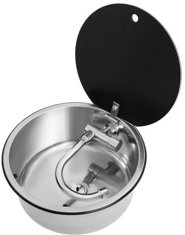 Fregadero de acero inoxidable para autocaravanas RV Fregadero de cocina con grifo plegable Lavabo redondo 34 x 34 x 15 cm