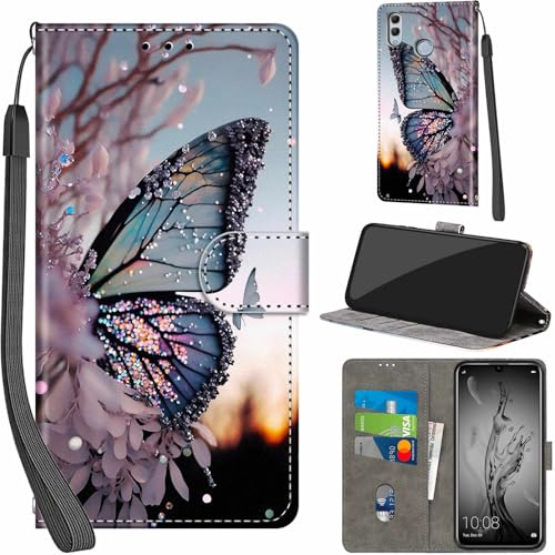 Handyhülle für Huawei P Smart 2019 Klapphülle Leder Wallet Schmetterling | 3 Kartenfächer & 1 Geldfach, Magnetverschluss, Ständerfunktion, robuste premium PU leder klapphülle für Honor 10 Lite