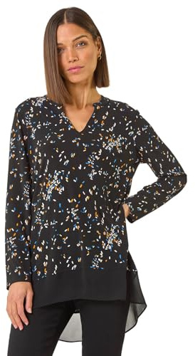 Roman Originals Floral Print V-Neck Tunic Top for Women UK - Ladies Everyday Autumn Winter V-Neckline Comfy Soft Evening Vacation Work Party Night Out - Noir Multi - Size 12