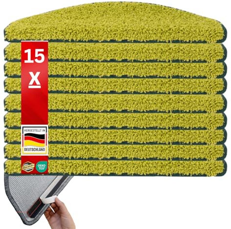 Floordirekt Shaggy-Stufenmatten Barcelona - 15er Set - Treppenmatten in 16 Farben, Strapazierfähig & pflegeleicht, Stufenteppich für Innen (Grün, Halbrund 65 x 23,5 cm)
