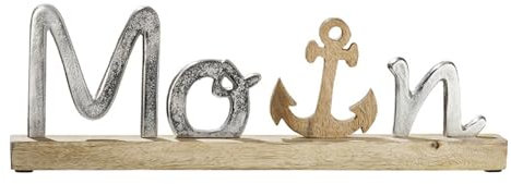 Großer edler maritimer Schriftzug auf Mango-Holz in brüniertem Aluminium als Aufsteller, Modell: MOIN, Maße 43 x 14 x 5 cm, Farbe Natur und Aluminium, tolle Deko fürs Cafe oder Zuhause