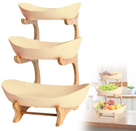 ESTTO Obstkuchenständer, mehrschichtiger Obstständer, Küchenaufbewahrungskorb, Arbeitsplatte dekorative Schale, dreilagige Obstschale, Obstkorb, Küche dekorativer Ständer mit Holzständer (Rosa)