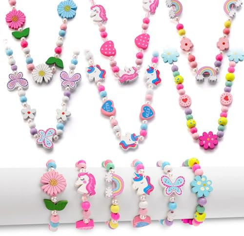 Suofuolef 6 Sets Holz Armbänder und Ketten für Mädchen, Bunte Einhorn Blumen Freundschaftsarmband, Mitgebsel Kindergeburtstag Gastgeschenke Geflochten Armband Schmuck für Mädchen Teenager Frauen