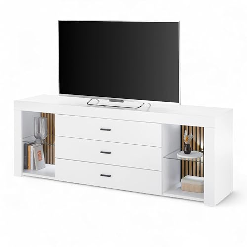 Rosalie TV-Lowboard mit LED-Beleuchtung in Weiß, Evoke Eiche Optik - TV Schrank mit viel Stauraum für Ihr Wohnzimmer - 179 x 67 x 44 cm (B/H/T)