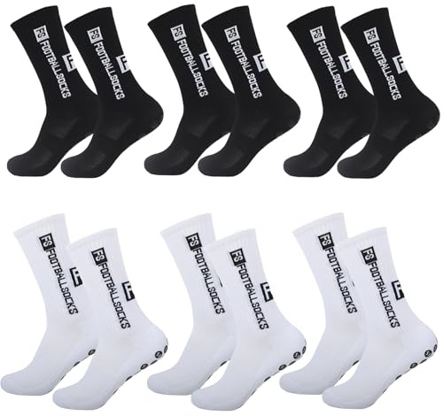 AUEJACKY 6 pares de calcetines deportivos antideslizantes para hombre, calcetines de fútbol con agarre antideslizante, calcetines deportivos para hombre (Blanco y negro)
