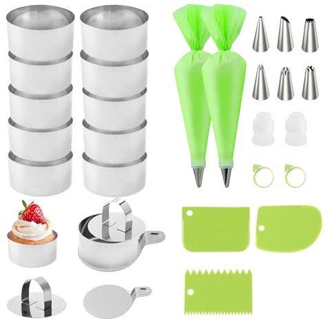 Dessertringe Set 31 STK Edelstahl 8cm Mousseform für Hobby & Profi Bäcker | Lebensmittelechter 430 Stahl, nahtlose Konstruktion, inkl Spritzbeutel, Tüllen, Stamper & Schaber, spülmaschinenfest