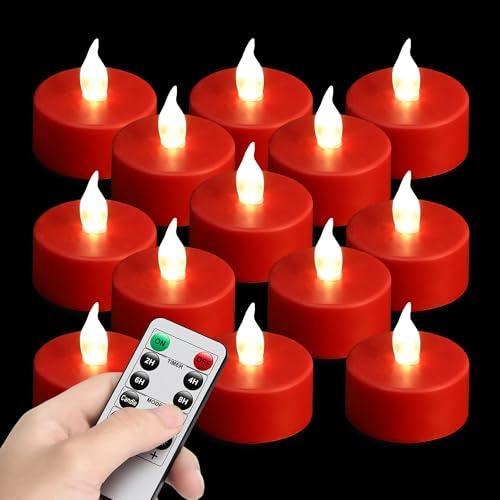 MINXIN LED Tea Light Flameless Candles with Remote Control Flickering Tealight Long Lasting, Battery Operated with Timer for Halloween Home Decoration Seasonal &Festival Celebration Red (12pcs)