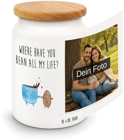 Mr. & Mrs. Panda Foto Keksdose Kaffee Bohne - Geschenk, Genuss, Glück, Kaffeebohne, Dose, mit, Fotodose, Fotogeschenk, Keramikdose Bild, Zufriedenheit, Personalisierte, Tiermotive