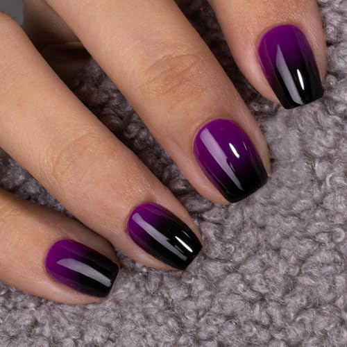 KQueenest French Press On Nails Short - Ombre Purple Black Press On Nails Square, Gradient Short Fake Nails, Glossy Opaque, Reusable Soft Gel Glue on Nails for Women Halloween, 30 Pcs