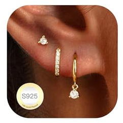 3 Paar Ohrringe Silber 925 Set Damen 14K Vergoldet Creolen Gold Silber mit Anhänger Ohrstecker Silber 925 Wasserfest Stecker Hängend Kleeblatt Ohrringe für Mehrere Piercings Ohrlöcher Schmuck Geschenk