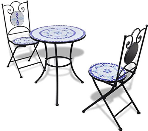 Mandloder 3-TLG. Bistro-Set, Keramikfliesen Blau und Weiß, Mosaik-Gartengarnitur mit pulverbeschichtetem Eisenrahmen, Ø 60 cm Tisch, 2 Stühle, für Balkon und Garten