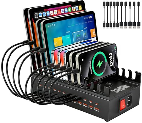 CyperEver 300W USB C Charging Station 24 Port USB Charger Fast Charging Station with 10 Cables - Multi Device Charging Station phone Charging Station Phone Charger Stand