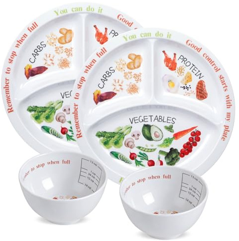 Yuecda 4-packPortion Control Plate for Balanced Eating -Healthy Nutrition Plate for Adults and Teens - Melamine Dividers, Perfect for Balanced Eating and Diet Management