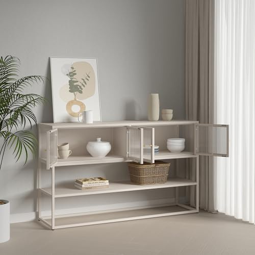 [en.casa] Sideboard Säkylä Vitrine Mehrzweckschrank 150 x 38 x 90 cm Vitrinenschrank mit 4 Glastüren 2 Fächern und 1 Ablage für Wohnzimmer Esszimmer Flur Kamelfarben