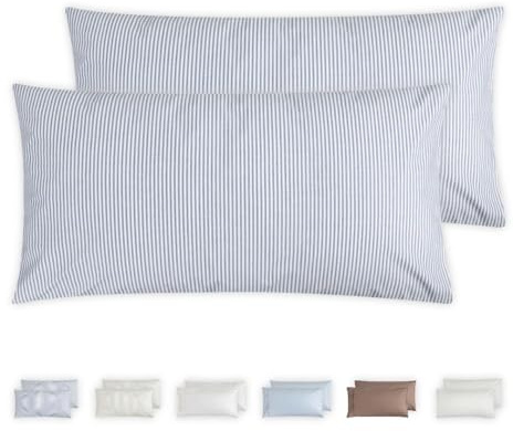 Perkal Kopfkissen Bezug 40 x 80 cm (2er Set) – Kissenbezug/Kopfkissenbezug aus 100% Bio Baumwolle (Cotton), GOTS & Fairtrade, Grüner Knopf – Blau/Weiß – Hotelverschluss