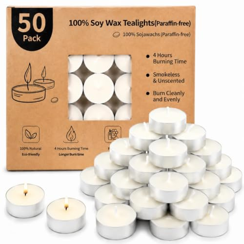 Lot de 50 bougies chauffe-plats - Durée de combustion : 4 heures - 100% cire de soja - Blanches - Sans parfum - Végétalien - Avec coque en aluminium - Pour mariage, fête