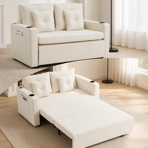 AVAWING 2-Sitzer Ausziehbares Schlafsofa mit USB & Getränkehalter, Beige | Metallrahmen, Seitentaschen, für Wohnzimmer, Büro, Gästezimmer, kompaktes Schlafcouch