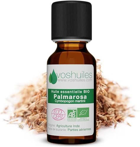 Voshuiles - Huile Essentielle Palmarosa Bio 10ml - Parfum Doux Frais et Floral - Huiles Essentielles de Qualité - 100% Pure et Naturelle - HEBBD et Certifiée ECOCERT
