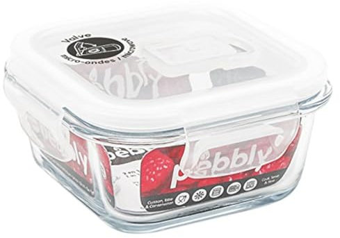 Pebbly PKV-320CB – Plato y Fiambrera Cuadrada de Vidrio Transparente – 11,5 x 11,5 x 5,5 cm