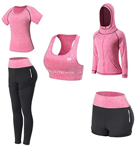 JULY'S SONG Yoga Kleidung Anzug 5er-Set Trainingsanzug Laufbekleidung Gym Fitness Kleidung (Pink, XL)