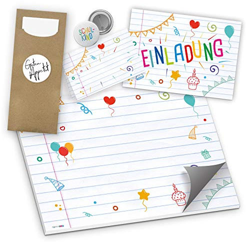 itenga Set 5-teilig Geburtstag Einschulung Schulanfang Schule Schulkind Party - Tischset Ansteck Button Bestecktaschen Einladung Tischkarten