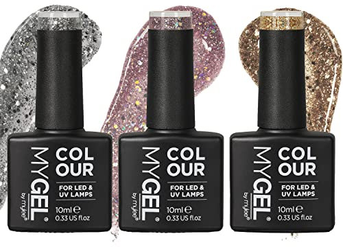 Mygel by Mylee French Manicure, farbiger Gel-Nagellack, 3 x 10 ml, drei Glitzertöne, für UV/LED, Soak-Off, Nailart, Maniküre, Pediküre, für Profis, Salons und Zuhause, langlebig und einfach aufzutragen