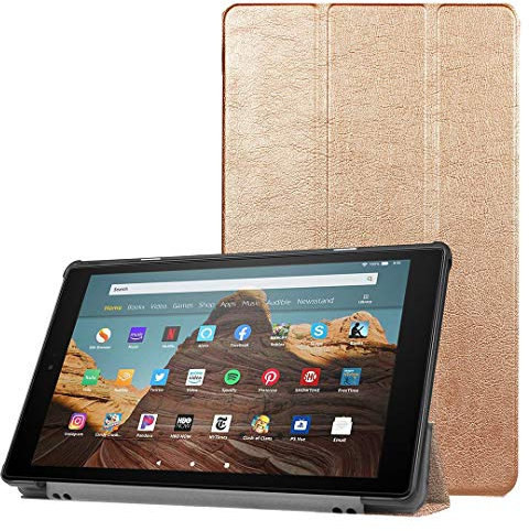 SATURCASE Case for Amazon Fire HD 10 2019 Released (9th Generation), PU Leather Flip Foldable Folio Stand Protective Tablet Cover with Auto Sleep/Wake Function (Rose Gold)