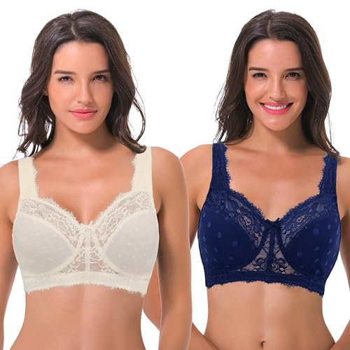 Curve Muse Femmes Grande Taille Minimiseur Dentelle Couvrance Totale Non-doublé Soutien-Gorge sans Fil-Paquet de 2-Marine,Blanc-95B/EU 80B