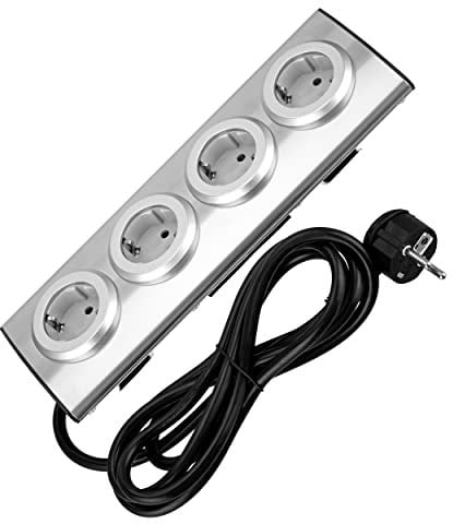 REV Steckdosenleiste - Mehrfachsteckdose mit Klettband für Eckmontage, ideal für Küche & Büro, 3500W, 1,95m, Silber