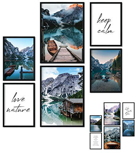 bilderreich Poster 6er Set Beidseitige Bilder - Stilvolle Home Deko für Schlafzimmer und Wohnzimmer | Poster Vintage Set Bergsee Natur A4 | A5