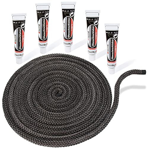 LANZZAS Kamin- & Ofendichtschnur - Ø 12 mm, Länge: 5 m - Glasband für Kamintüren - hitzebeständig bis 550°C - mit feuerfestem Montagekleber
