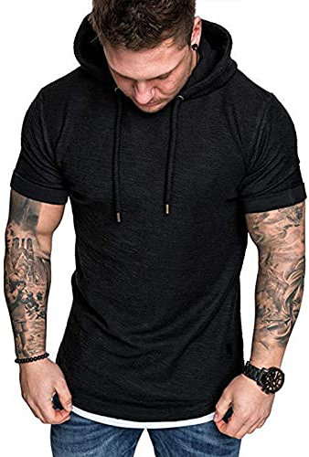 Mens Short Sleeve Hoodie T-Shirt-Leisure Fitness Short Sleeve for Men Black M