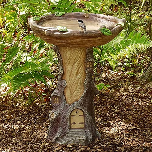 Brawdress Small 20cm Resin Tree Stump Bird Bath.Full-Size Fairy Garden Birdbath with Miniature Fairy House in A Tree Stump Hand-Painted All-Weather Wood-Look Resin