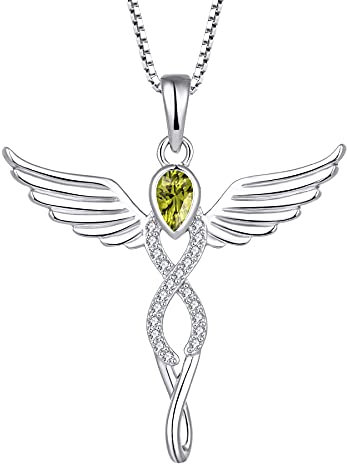 FJ Engelsflügel Kette Damen 925 Sterling Silber Schutzengel Anhänger Halskette Infinity Unendlichkeit Kette Peridot August Geburtsstein Kette Schmuck Geschenke für Frauen Mädchen
