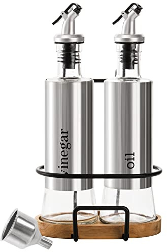 Tebery 2 Pack 300ml Olive Oil and Vinegar Bottle Set with Rack and Wooden Base, 10oz Glass Dispenser Bottles with Pourers and Funnel for Kitchen