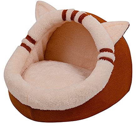 Haustier-Zelt, Höhlenbett für Katzen, kleine Hunde – Katzen-Iglu-Bett mit Kapuze, warmer Schlafsack für Kätzchen, Katzen, kleine Hunde – mit waschbarem Kissen, 35 x 32 x 30 cm, braun